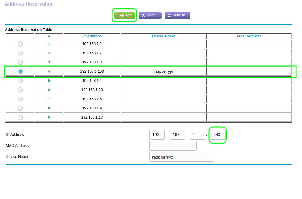 Web interface for Netgear router, address reservation page