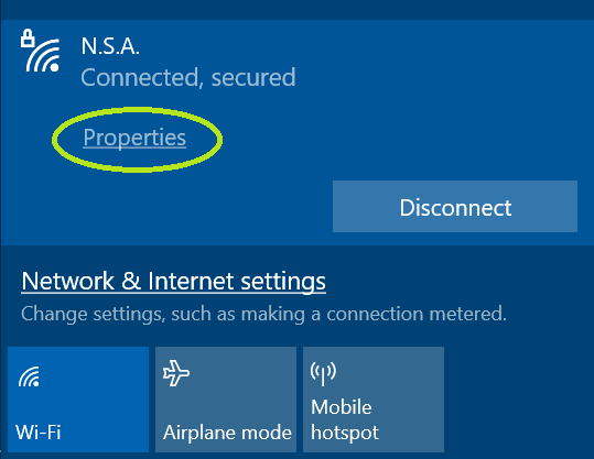 Opening up network properties on windows 10